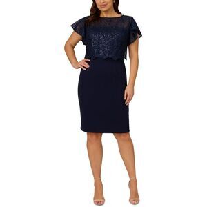 Adrianna Papell Womens Navy Sequined Short Wedding Sheath Dress Plus NWT